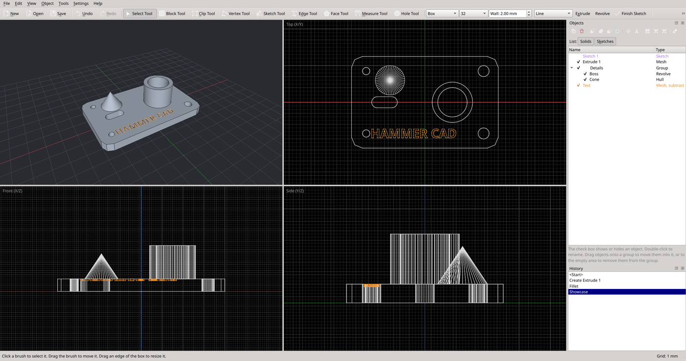 The main window with a model in the 3D view and the three 2D views