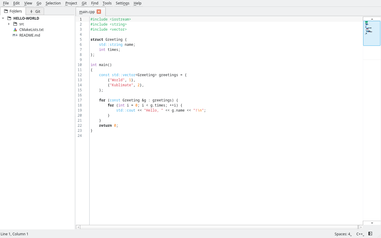 A C++ file with the folder side bar and the minimap